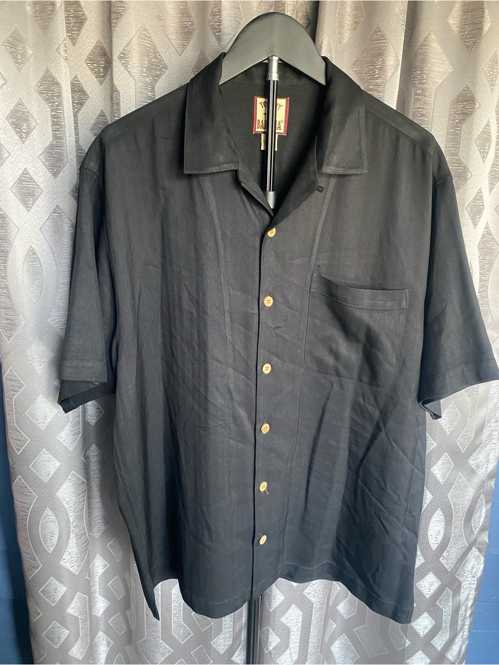 Vintage Tommy Bahama Silk Shirt Y2K Quiet Luxury Wood Buttons Black Tonal Stripe